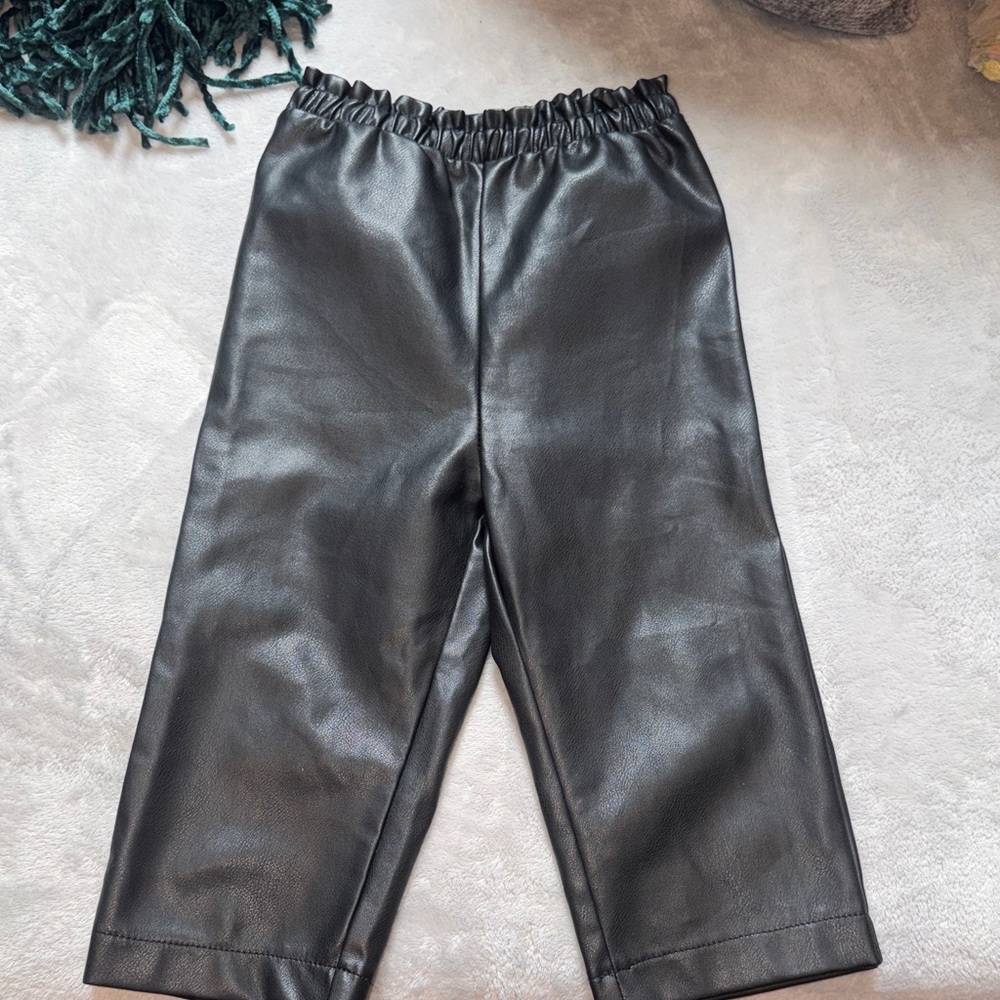 Kids Faux Leather Elastic Waist Pants - Black